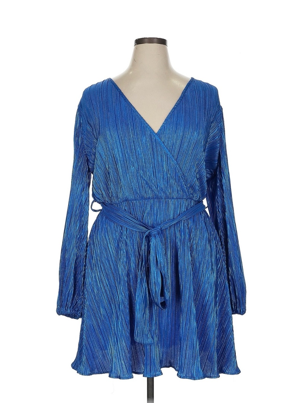 Bardot Electric Blue Pleated Wrap Dress with Tie Waist